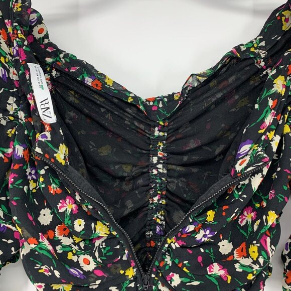 Zara Top Black Floral Print Ruched Off Shoulder Long Sleeve - Picture 11 of 11